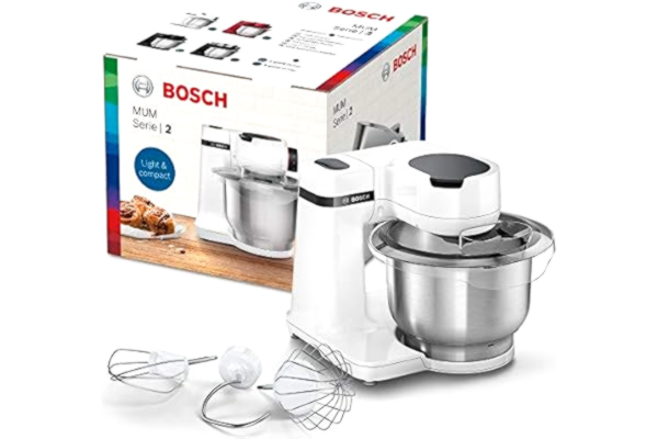 Bosch  MUM2 700W - Köksmaskin med hastighetsreglering, knådar/blandar och vispar i tre olika riktningar, skydd mot överbelastning, diskmaskinssäkra delar, vit