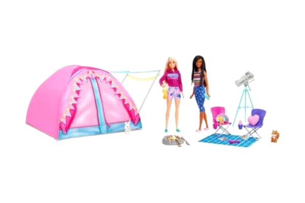 Barbie  HGC18 - Barbie "Äventyr för två" campingleksak med tält, 2 Barbiedockor och 20 tillbehör med djur, teleskop och tillbehör, leksaker för barn från 3 år och uppåt