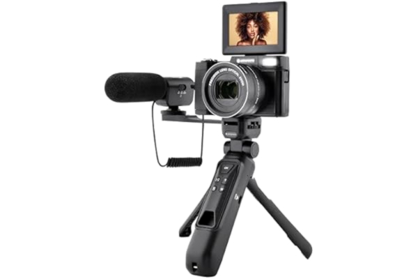 AgfaPhoto AGFA PHOTO - Allt-i-ett Vlogging-kit: VLG-4K optisk kamera, Powerbank-stativ, fjärrkontroll, mikrofon och 32 GB Micro-SD-kort ingår - Immortalisera dina ögonblick i 4K med stil!