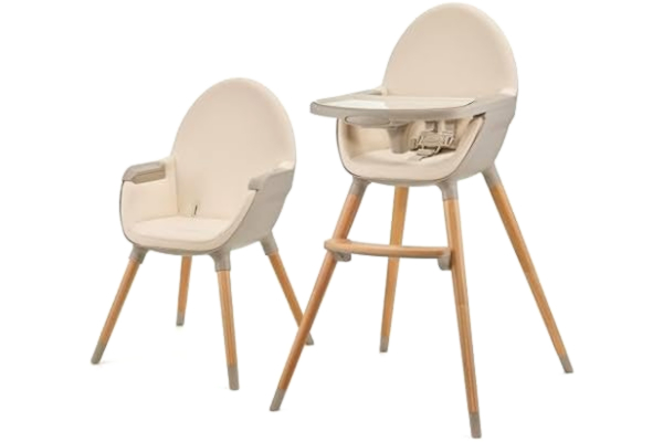 KinderKraft Kinderkraft FINI 2 Hög barnstol 2-i-1, hög barnmatstol, barnstol, kombistol, träben, sele, fotstöd, dubbelbricka, från 6 månader till 5 år, 5-punktssele, Beige
