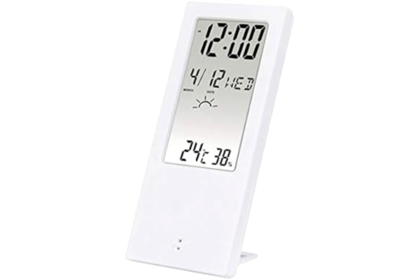 Hama  2-in-1 digitale thermometer en hygrometer binnen (thermo-hygrometer, meet kamertemperatuur en luchtvochtigheid, met weerindicator, transparant display, digitaal display, wekker, tafelklok) wit