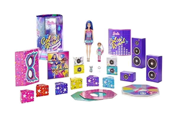 Barbie  Color Reveal Surprise Party! Set med över 50 överraskningar: 1 Barbie-docka, 1 Chelsea-docka, 2 husdjur, 6 färgförändringar, set med danstema - Present till barn från 3års ålder, GXJ88