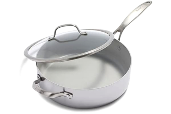 GreenPan  Venice Pro Tri-Ply rostfritt stål hälsosam keramisk non-stick 28 cm/4,8 liter stekpanna jumbospis, hjälphandtag och lock, PPSfri, multipläterad, induktion, ugnssäker, silver