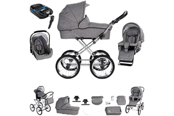 Friedrich Hugo  Monachium | 4 w 1 kombi wózek dziecięcy | zestaw ISOFIX | kolor: antracyt - koło: chrom czarny PCS_MUNICH-DE-ISO-M2-GC-R1