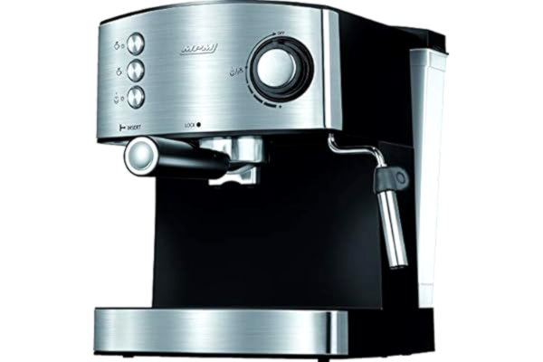 MPM  MKW-06M Ciśnieniowy ekspres do kawy,Kawy Espresso, Cappuccino, Dysza do spieniania mleka, Podgrzewanie filiżanek, 20 BAR, Pojemnik na wodę 1,7 l, Czarno-srebrna obudowa ze stali nierdzewnej, 850W
