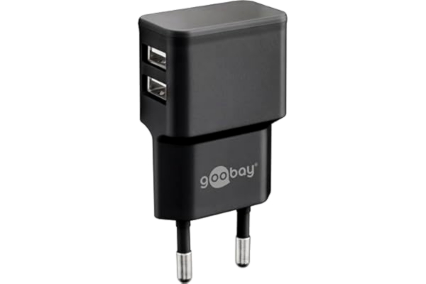 Goobay goobay USB-laddare 12 W, 2-port strömförsörjning med dubbel USB-A, laddningsadapter för uttag, för iPhone, Samsung, hörlurar, smartklocka, reseladdare, svart – 44951