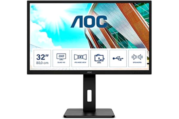 AOC  Q32P2 - 32 Inch QHD Monitor, 75Hz, 4ms, IPS, USB Hub, Height Adjust, Flicker Free, Speakers (2560x1440 @ 75Hz, 250cd/m², HDMI 1.4 x 2 / DP 1.2 x 1 / USB 3.2 x 4)