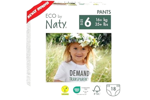 Naty Eco by Naty ekologiska byxblöjor - allergivänliga och kemikaliefria ekoblöjor, högabsorberande och miljövänliga träningsblöjor för pojkar och flickor (Storlek 6, 18 stycken)