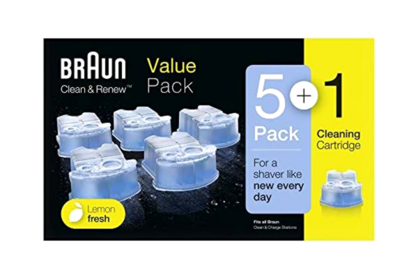 Braun  Clean and Renew Electric Shaver Cleaning Cartridges, Hygienically Cleans, Removing Residual Hair & Skin Particles, 5+1 Pack, Lemon Fresh