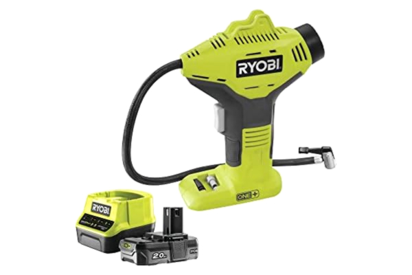 Ryobi  Compresseur de Loisirs 18V Gonfleur Livré avec 1 Batterie Lithium+ 18V 2,0 Ah, 1 Chargeur Rapide 2,0 A et 3 Embouts de Gonflage pour Pneus de Voiture, Vélo, Ballons et Autres R18PI-120GJ