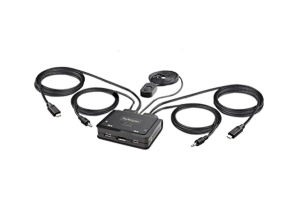 Compact StarTech.com 2-Port USB-C Cable KVM Switch, 4K 60Hz DisplayPort Output, Compact KVM with 4ft/1.2m USB Type-C/Audio Integ