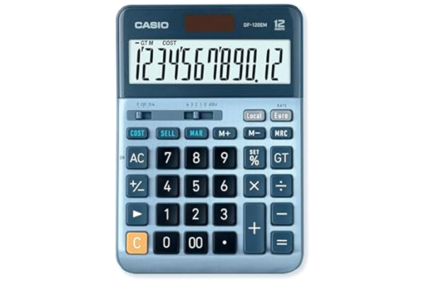 Casio  bordsräknare DF-120EM, 12-siffrigt, Cost/Sell/Margin, totalt minne, sol-/batteridrift, silver,