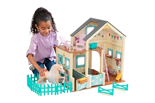 KidKraft  söt äng häst stall trädockhus med möbler och häst ingår, 2 våningar lekset för dockor och leksakshästar, barnleksaker, 63534