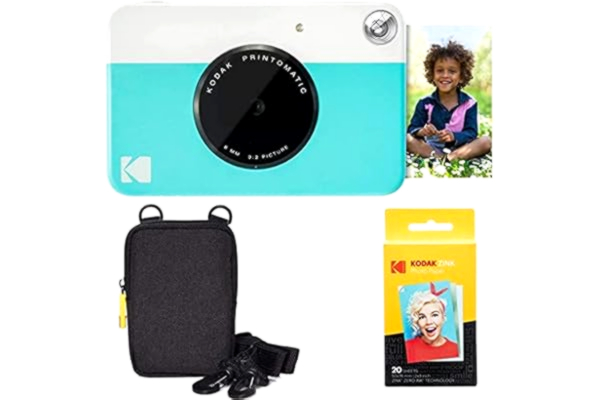 Kodak KODAK Printomatic Instant Camera (niebieski) podstawowy pakiet + papier Zinkowy (20 arkuszy) + etui Deluxe + wygodny pasek na szyję