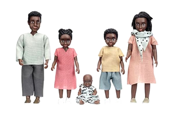 Lundby  Dockhusdockor Set Billie- 5 Dockor med Kläder till Dockhus Familj 2 vuxna + 3 Barn Rörlig Etnisk Docka med Mörkt Hår till Dockskåp Leksaker för Flickor och Pojkar, Ålder 3+ 1:18.