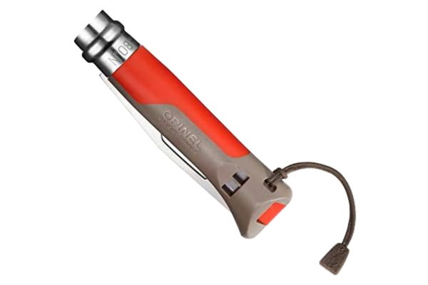 Opinel -kniv nr 8 utomhus, stål Sandvik 12C27, rostfri, delsågtand, handtag brun/röd, signalpipa, skallös