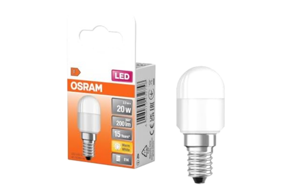 Osram LED-lampa Special T26 för kylskåp med E14-sockel, 2,30 W, ersättning för 20 W-glödlampa, strålningsvinkel 160°, varmvit (2700 K)