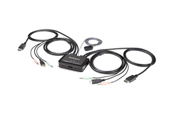 StarTech .com DisplayPort KVM-omkopplare med 2 portar – 4K 60 Hz – kompakt UHD DP 1.2 USB stationär KVM-omkopplare med 1,2 m kablar och ljud – Bussdriven och fjärrväxling – MacBook ThinkPad (SV211DPUA4K)