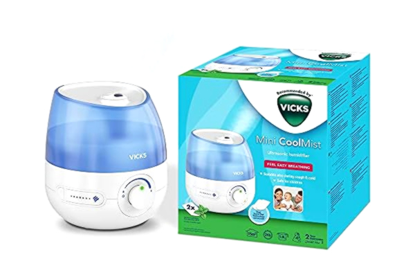 Vicks Nawilżacz ultradźwiękowy Vicks Mini Cool Mist (kompaktowy, cichy, zapewniający lepszy sen, kaszel i przeziębienie, komfort, olejki eteryczne, wilgotność, pomieszczenia do 15 m2) VUL525