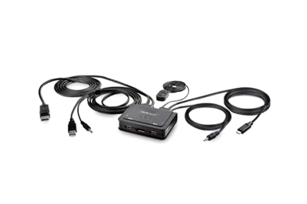 Compact StarTech.com KVM DisplayPort USB-C-switch med 2 portar med 1,8 m USB-A/DisplayPort/Audio-kablar och 1,2 m USB-C - 4K - kabeldriven - fjärrknappsomkoppling/Hotkey (C2-D46-UAC-CBL-KVM)