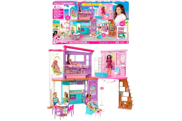 Barbie -semesterhus (106 cm), dockhuslekset med 2 våningar, 6 rum, hissgunga och mer än 30 delar, leksak för barn från 3 år, HCD50