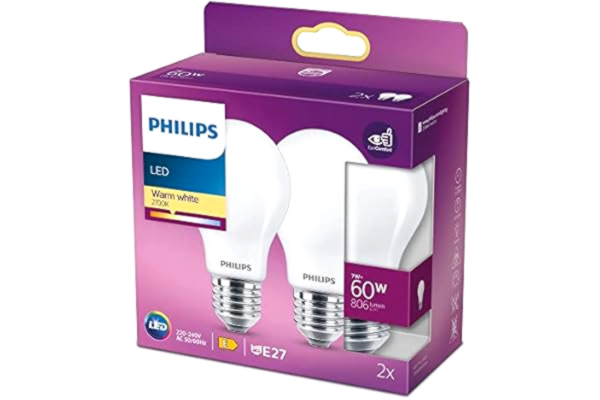 Philips  Classic LED-ljuskälla, 60W, E27, A60, Frostat glas, varmvitt ljus, 2700 kelvin, 15 000 timmar, Ej dimbar, 2-pack