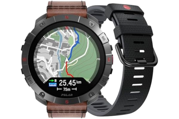 Polar  Grit X2 Pro Titan Ultra Premium smartsportklocka med GPS – den ultimata äventyrsklockan för utomhusbruk med robust titandesign, navigering, biomätning och ett armband av läder