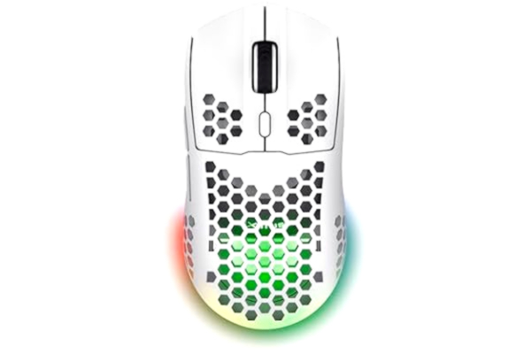 Trust  Gaming GXT 929W Helox trådlös spelmus, superlätt vit spelmus 75 g, 80 h batteritid, 2,4 GHz mikro-USB-mottagare, LED-belysning, justerbar DPI (800-4800), gaming PC bärbar dator