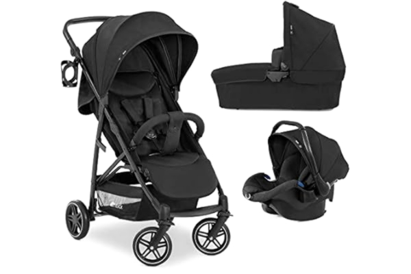Hauck  Pushchair Travel System Rapid 4R Plus Trio Set / XL Sun Canopy UPF 50 + / Up to 25 Kg / Pram with Mattress / Infant Car Seat / Cup Holder / Easy Folding / Height Adjustable / Black