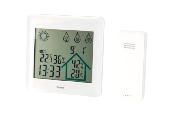 Hama  Trådlös väderstation med utomhussensor, väderprognos, "action" (inomhus/utomhustemperatur, luftfuktighet, hygrometer/termometer, väckarklocksfunktion, batteridriven) temperaturmätare vit