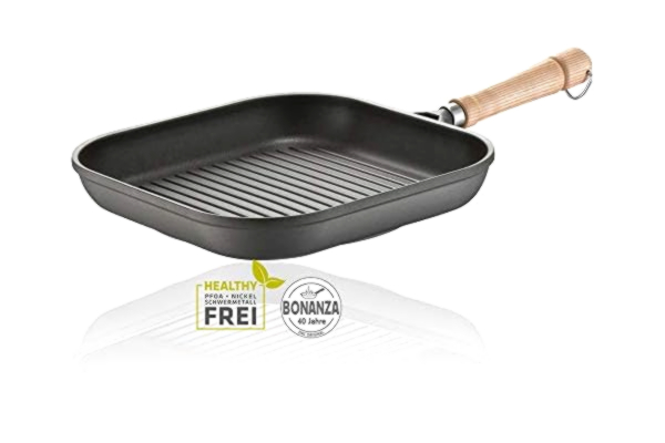 Berndes  Poêle à griller Bonanza - 28 cm - Poêle carrée avec revêtement anti-adhésif à 3 couches et manche en bois - Compatible avec tous les types de plaques de cuisson - Revêtement anti-adhésif