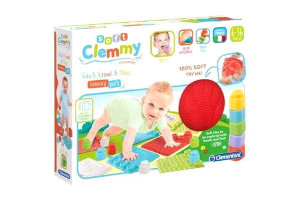 Clementoni  Mjuk Clemmy Touch, Crawl & Play sensorisk väg, säker och rolig lekmatta för krypande bebisar och småbarn, utvecklar taktila färdigheter och bygger fantasi, 8 maulfärgade delar 6+ månader