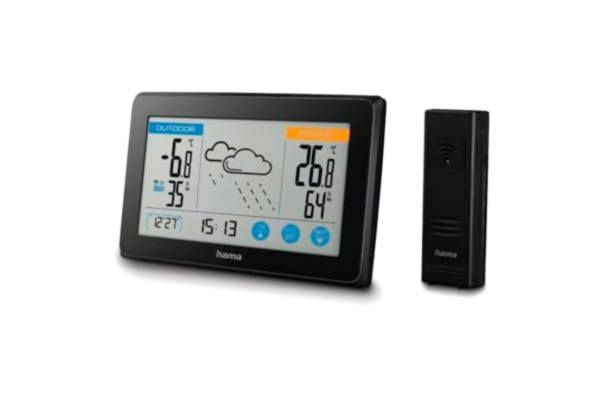 Hama  väderstation trådlös med utomhussensor "Touch" (med väderprognos, mäter luftfuktighet, inomhus- och utomhustemperatur, termometer, hygrometer, DCF-radioklocka, datum) svart