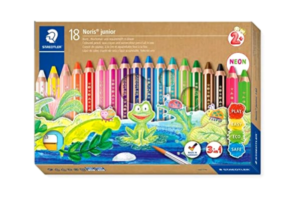 Staedtler STAEDTLER 3in1 Buntstift Noris junior (Bunt-,Wachsmal- und Aquarellstift, extra bruchsicher, ideal für Kinder, für viele Oberflächen, Kartonetui mit 18 Farben inkl. Spitzer), 140 C18