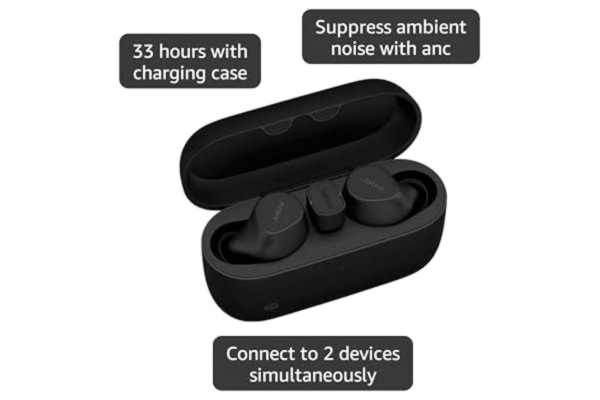 Jabra  Evolve2 Buds True Wireless In-Ear Bluetooth-hörlurar med aktiv brusreducering (ANC) och 4-mic MultiSensor Voice-teknik -Microsoft Teams-certifierade, fungerar med alla andra mötesappar - svart