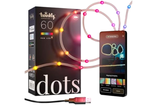 Twinkly  Dots - Appstyrd LED-ljusslinga med 60 RGB (16 miljoner färger) lysdioder. 3 meter. Transparent kabel. USB-driven. Smart Home dekoration Light