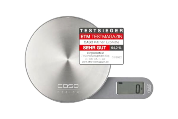 Caso CASO Kitchen EcoMate – design köksvåg, batteridriven användning tack vare kinetisk energi, särskilt platt, magnetisk, upp till 5 kg i 1 g – steg, vägningsyta av rostfritt stål (Ø 11,5 cm)