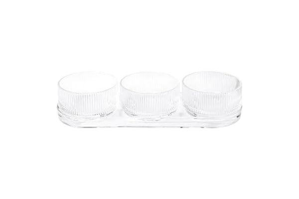 Stelton  Pilastro Tapas set av räfflat glas – 3 glasskålar på glasplatta för tapas, oliv, jordnötter, dips – diskmaskinssäker – dansk design i art deco-stil