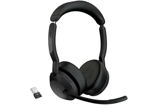 Jabra  Evolve2 55 trådlöst stereoheadset med Jabra Air Comfort-teknik, brusreducerande mikrofoner och ANC – fungerar med UC-plattformar som Zoom och Google Meet – svart