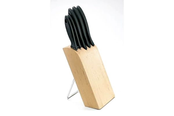 Fiskars  knivblock med 5 knivar, Essential, Grönsakskniv, skalkniv, kockkniv, Santoku-kniv och brödkniv ingår, Bredd: 16 cm, Längd: 8 cm, Höjd: 38 cm, Björkträ, 1023782