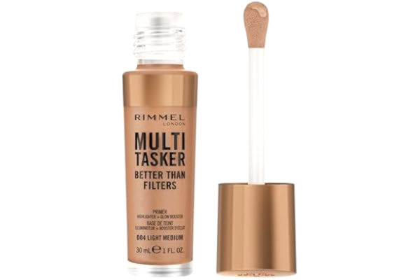 Rimmel  Multi Tasker Better Than Filters, 3-i-1 hudprimer, ljusbooster och överstrykningspenna för en naturlig jämn glöd, infuserad med C-vitaminer, vegan och grymhetsfri, 004 ljus medium