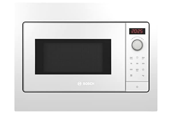 Bosch  Hausgeräte Bosch BFL523MW3 Serie 2 Inbyggd mikrovågsugn på 800 W med roterande platta på 27 cm, dörrstopp, AutoPilot 7, 7 automatiska program, rengöringsstöd och LED-pekskärm, vänsteröppnad, 38 x 50 cm, vit