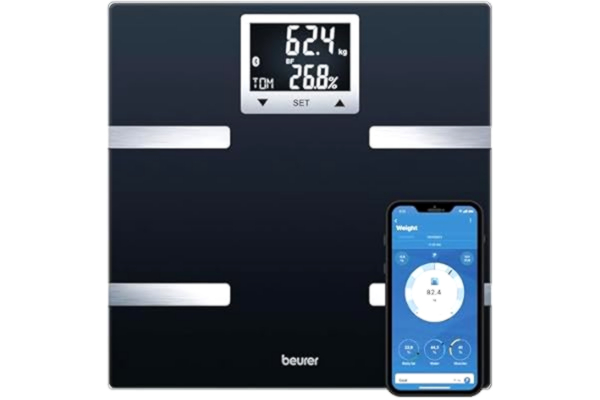 Beurer  BF 720 diagnostosvåg med Bluetooth (R) anslutning till smarttelefonapp, bestämning av kroppsvikt, kroppsfett, muskelandel och kaloribehov AMR/BMR