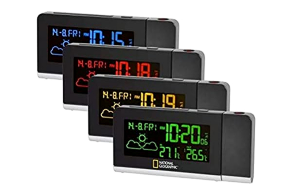 National Geographic  Radiowa stacja pogodowa z czujnikiem zewnętrznym Multi Colour z 256 kolorami i obrotowym projektorem ściennym do wyświetlania różnych warunków pogodowych i informacji o czasie