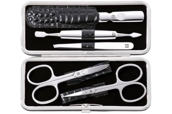 Zwilling ZWILLING Manikyrset (5 delat, för nagel- och tånagelvård, etui i äkta läder med metallram), polerat rostfritt stål, krokodilutgåva, svart