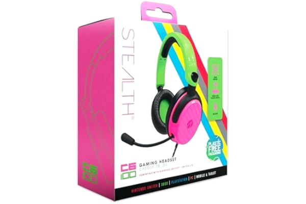 Stealth STEALTH C6-100 Neon Pink & Green Over Ear Gaming Headset PS4/PS5, XBOX, Switch, PC med flexibel mikrofon, 3,5 mm uttag, 1,5 m kabel, lätt, bekväm och hållbar