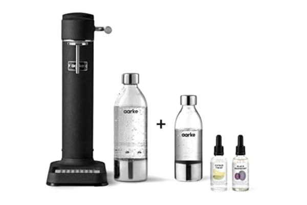 Aarke  Zestaw upominkowy | Carbonator 3 saturator do wody, matowa czerń, z butelką PET (800 ml) + mała butelka PET (450 ml) + 2 x krople aromatu