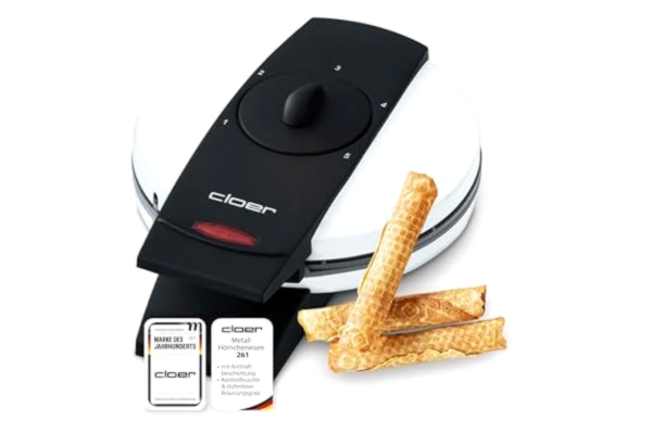 Cloer  261 Rånjärn för glassvåfflor, Våffeljärn, 800 W, Bakyta 14,5 cm Ø, non-stick beläggning, Steglöst valbar brunningsgrad med vridreglage, vit, metall