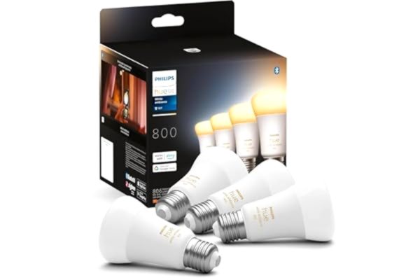 Philips  Hue White Ambiance E27 6W smart LEDlampa (4pack), belysning smart hem dimbar lampa med röststyrning, Bluetooth/Zigbee, varmt till kallt ljus 2200–6500K, kompatibel med Alexa, Google & Siri