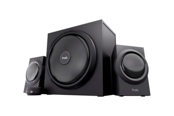 Trust  Yuri 2.1 PC-högtalare med subwoofer, 120 W toppeffekt, subwoofer av trä med en stark 5,25 tums basdrivare, volymkontroll med hörlurs- och linjeingång, svart